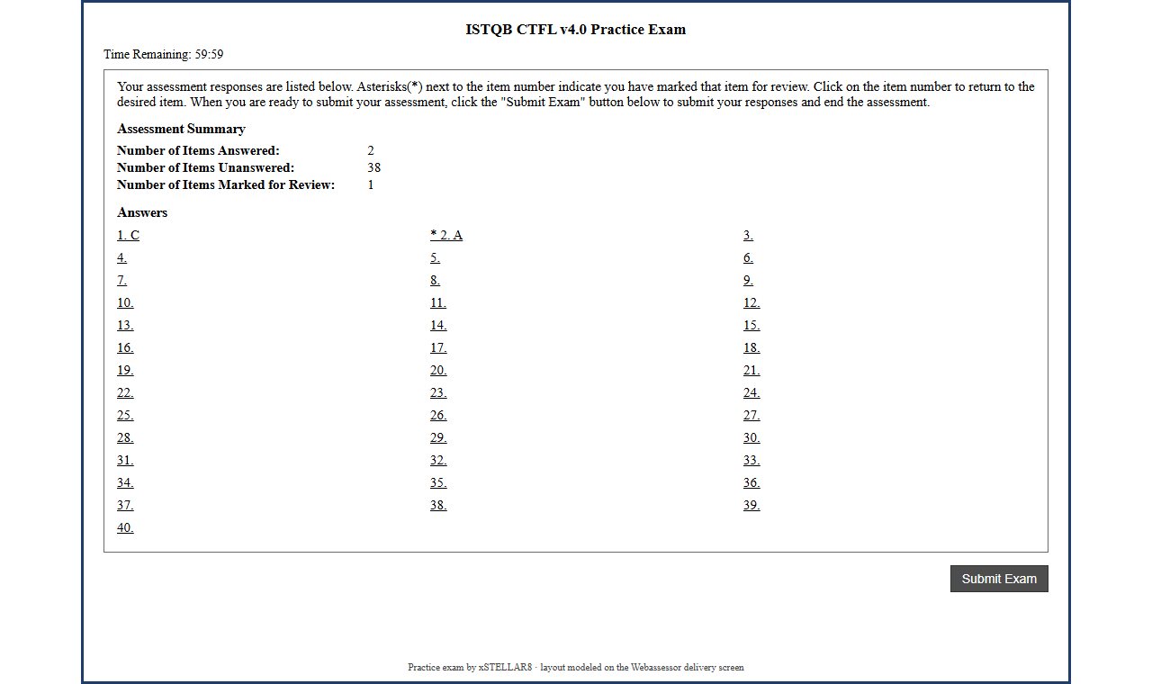 A simul8R practice exam on the Kryterion-style Assessment Summary screen