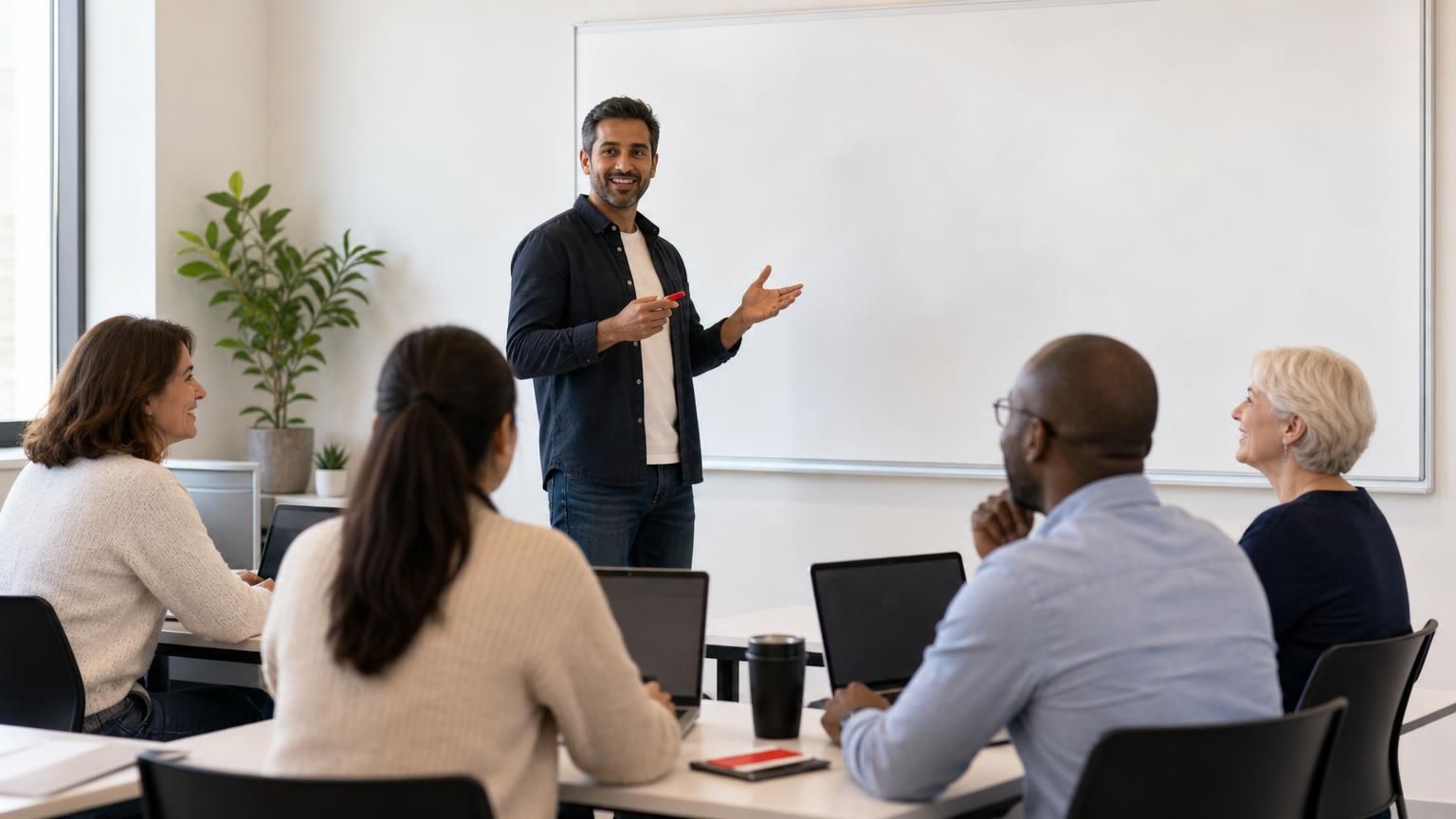 An instructor leading a class of adult learners with laptops.