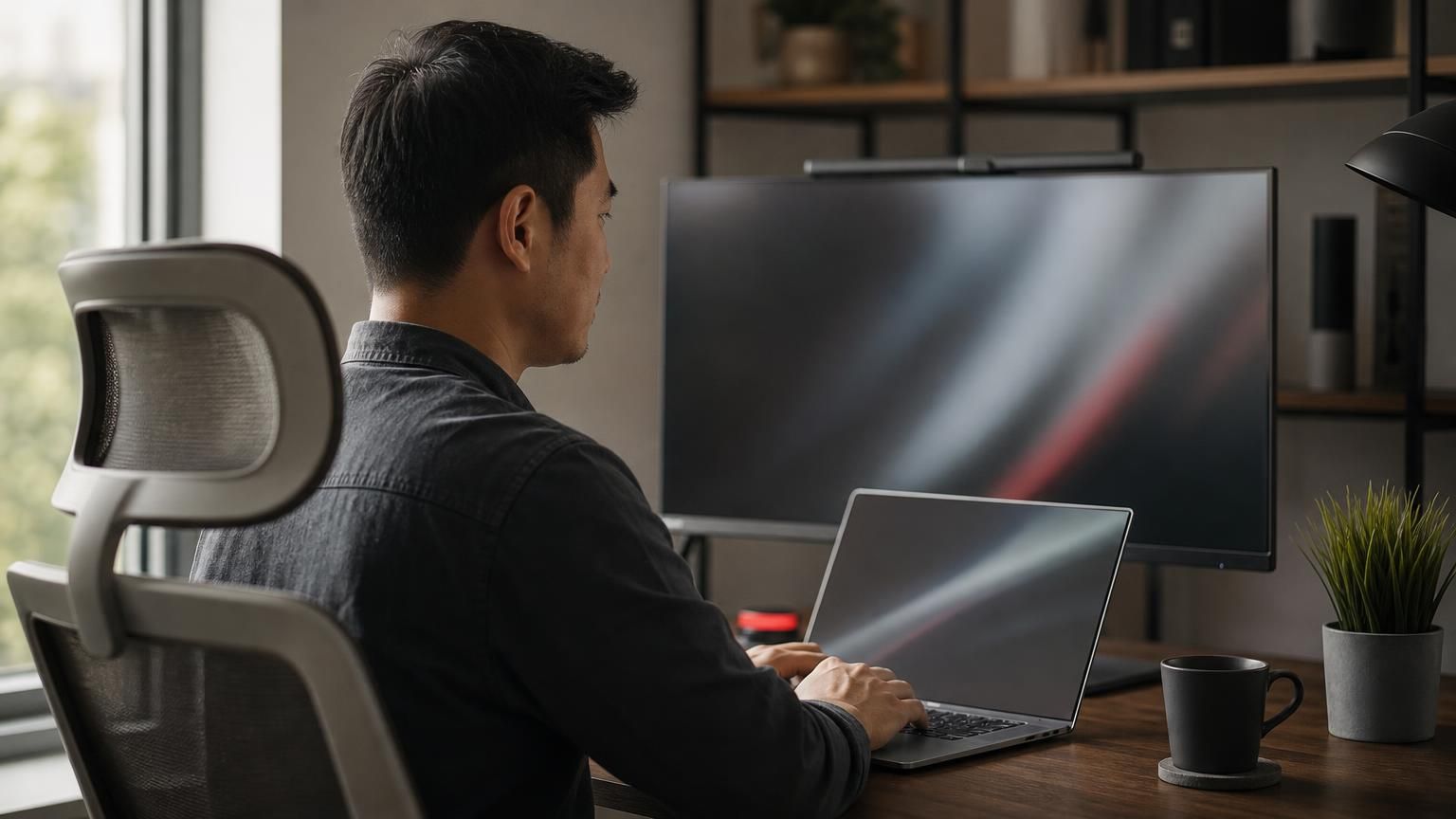 A developer’s desk with a laptop and monitor in soft light.